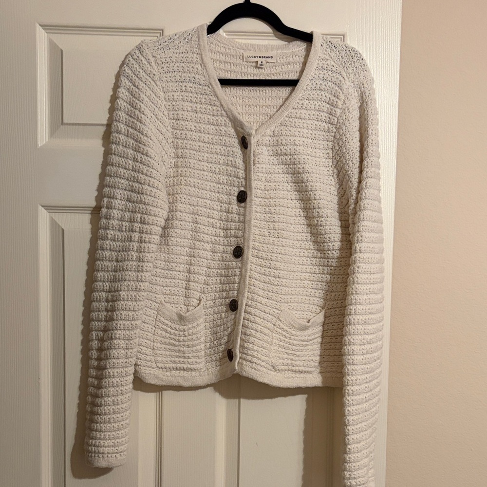 Lucky Brand Cream Crochet-Knit Button Cardigan